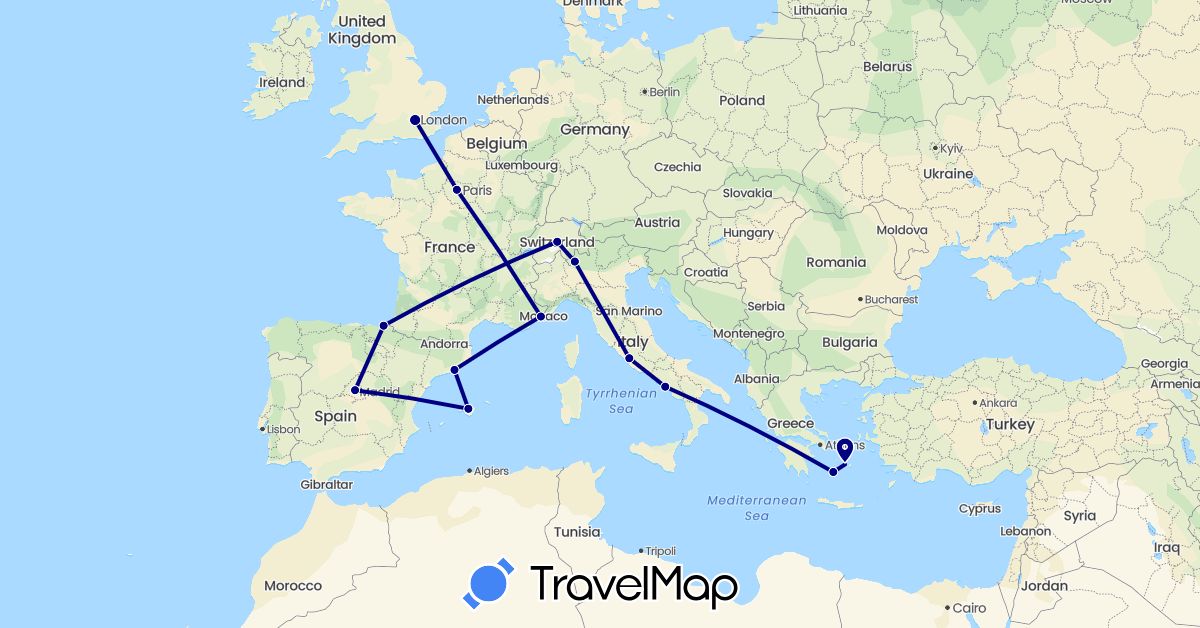 TravelMap itinerary: driving in Switzerland, Spain, France, United Kingdom, Greece, Italy (Europe)
